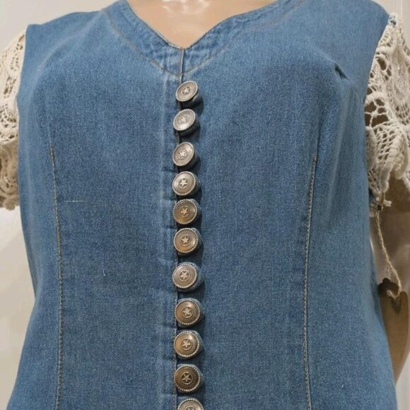 UPCYCLED Denim Over Lace Dress Size M Back Zip Metal Button Detailing 2 Pockets - Picture 5 of 6